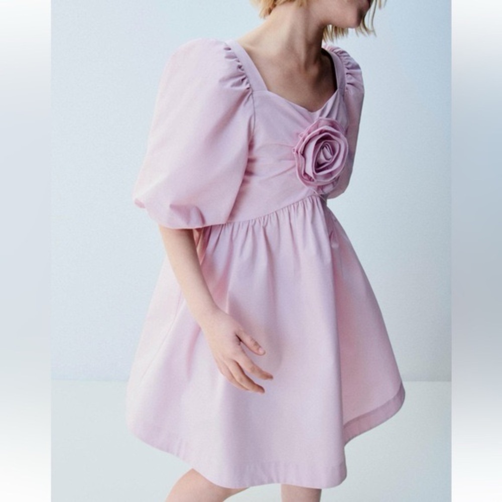 Zara Girls Pink Poplin Floral Appliqué Dress